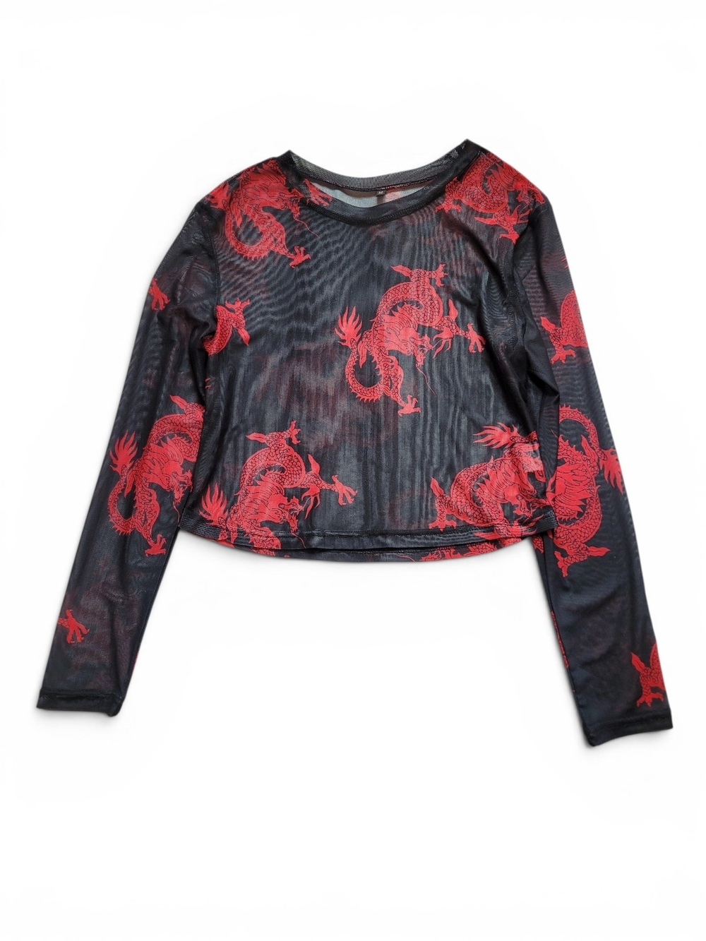 Black Mesh Dragon Print Crop Top Long Sleeves Y2K Retro Medium